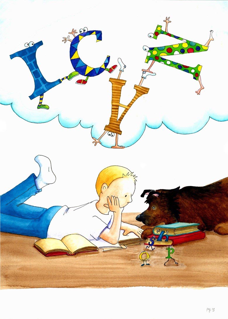 Illustrated Letters in a cloud with a boy reading. 